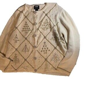 Designers Original XL Sweater Christmas Cream Beaded Embroidered Grandmacore